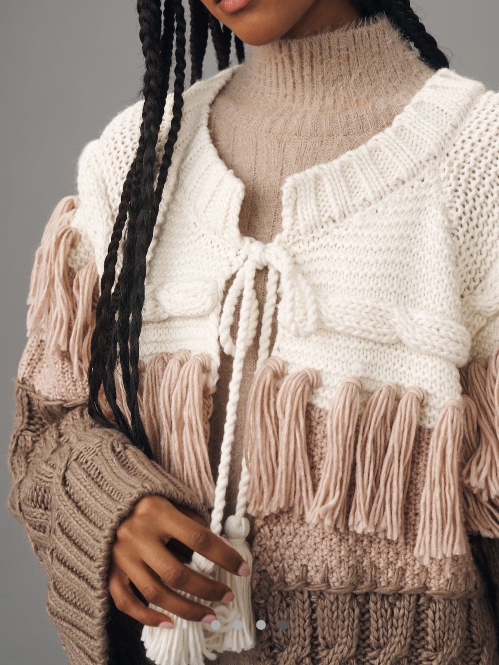 Anthropologie Colorblock Fringe Tie-Front Cardigan in Cream and Taupe